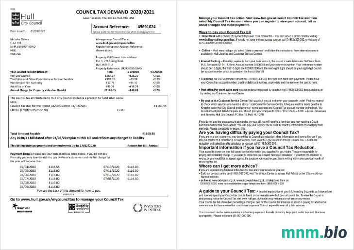 Szablon rachunku za media w Wielkiej Brytanii Hull City Council w formacie Word i PDF, 2 strony